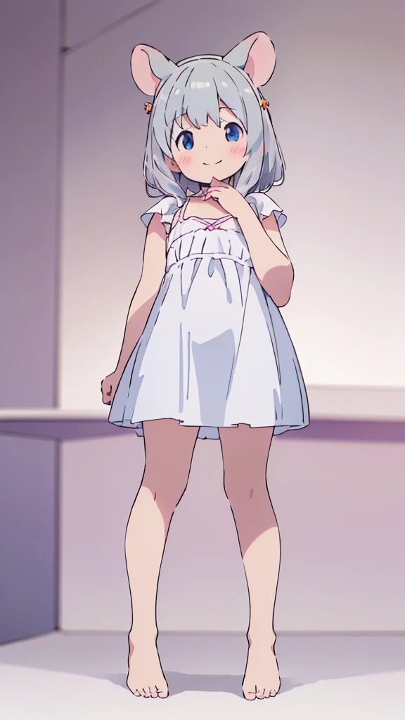 ((masterpiece))((Highest quality))Mouse Ears、girl、smile、blush、Flat Chest、Are thin、、low length、Gray Hair、blush、Are standing、Whole body image、Even your toes are visible、Eye level on face、front、No background、Mouse pose、真frontのアングル、