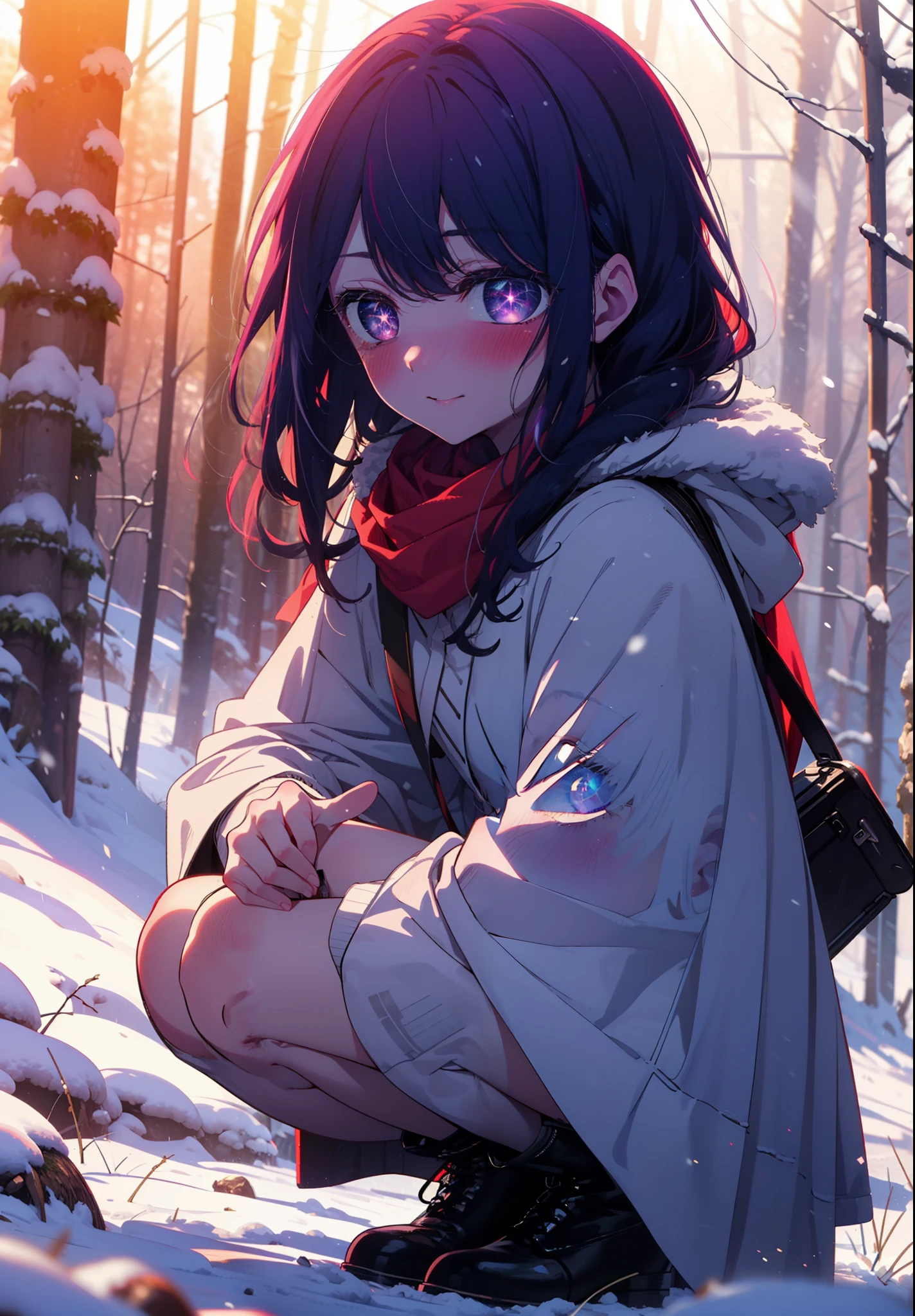 aihoshino, Ai Hoshino, Long Hair, bangs, (Purple eyes:1.1), Purple Hair, (Symbol-shaped pupil:1.5), smile,,smile,blush,White Breath,
Open your mouth,snow,Ground bonfire, Outdoor, boots, snowing, From the side, wood, suitcase, Cape, Blurred, , forest, White handbag, nature,  Squat, Mouth closed, Cape, winter, Written boundary depth, Black shoes, red Cape break looking at viewer, Upper Body, whole body, break Outdoor, forest, nature, break (masterpiece:1.2), Highest quality, High resolution, unity 8k wallpaper, (shape:0.8), (Beautiful and beautiful eyes:1.6), Highly detailed face, Perfect lighting, Extremely detailed CG, (Perfect hands, Perfect Anatomy),