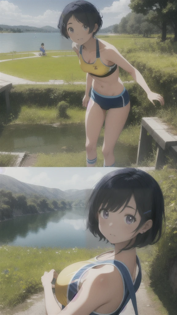 Ai ohto [wonder egg priority], short hair, hairclip,yellow bikini , sports bra, smile, Landscape, lake