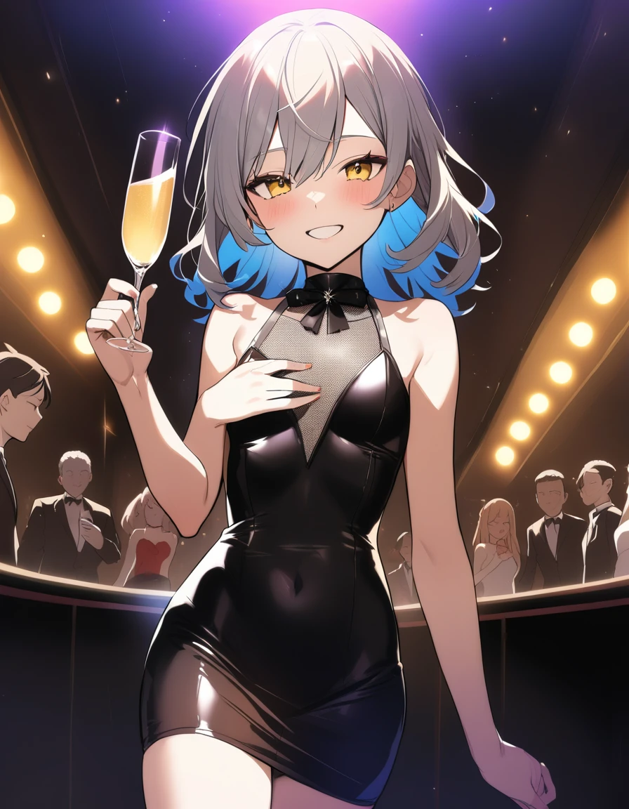  prostitute in a tight dress, in club, with a glass of champagne, cheerful, holds his right hand on his chest