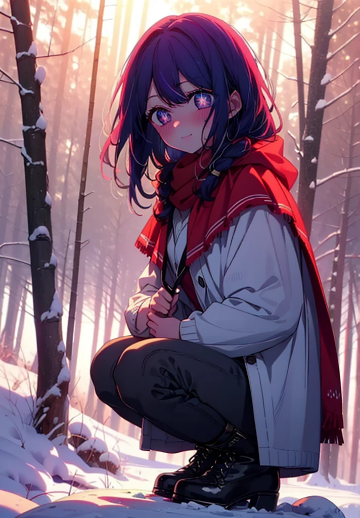 aihoshino, Ai Hoshino, Long Hair, bangs, (Purple eyes:1.1), Purple Hair, (Symbol-shaped pupil:1.5), smile,,smile,blush,White Breath,
Open your mouth,snow,Ground bonfire, Outdoor, boots, snowing, From the side, wood, suitcase, Cape, Blurred, , forest, White handbag, nature, Squat, Mouth closed, Cape, winter, Written boundary depth, Black shoes, red Cape break looking at viewer, Upper Body, whole body, break Outdoor, forest, nature, break (masterpiece:1.2), Highest quality, High resolution, unity 8k wallpaper, (shape:0.8), (Beautiful and beautiful eyes:1.6), Highly detailed face, Perfect lighting, Extremely detailed CG, (Perfect hands, Perfect Anatomy),
