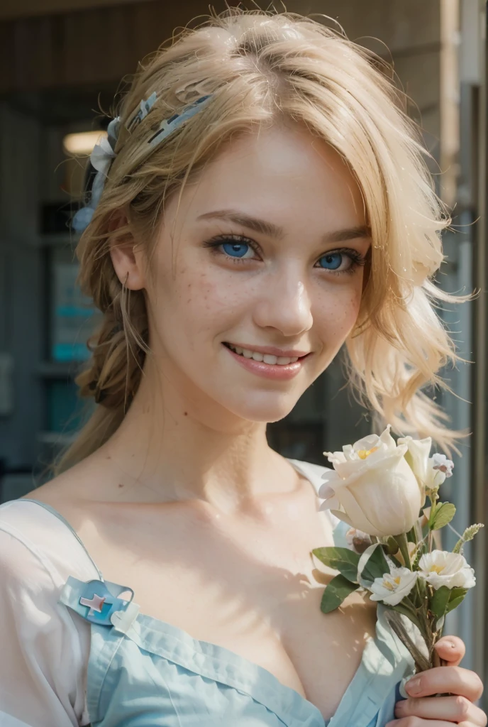 (best quality,4k,8k,highres,masterpiece:1.2), ultra-detailed, (realistic,photorealistic,photo-realistic:1.37), (beautiful detailed blue eyes, beautiful detailed lips, extremely detailed eyes, light freckles around her nose and face, beautiful detailed long white hair), studio lighting, physically-based rendering,vivid colors, (big tits, super big , super extra big tits:0.8), (combat medic:1.5), (soft lighting:0.8), (portrait, smile:1.5),