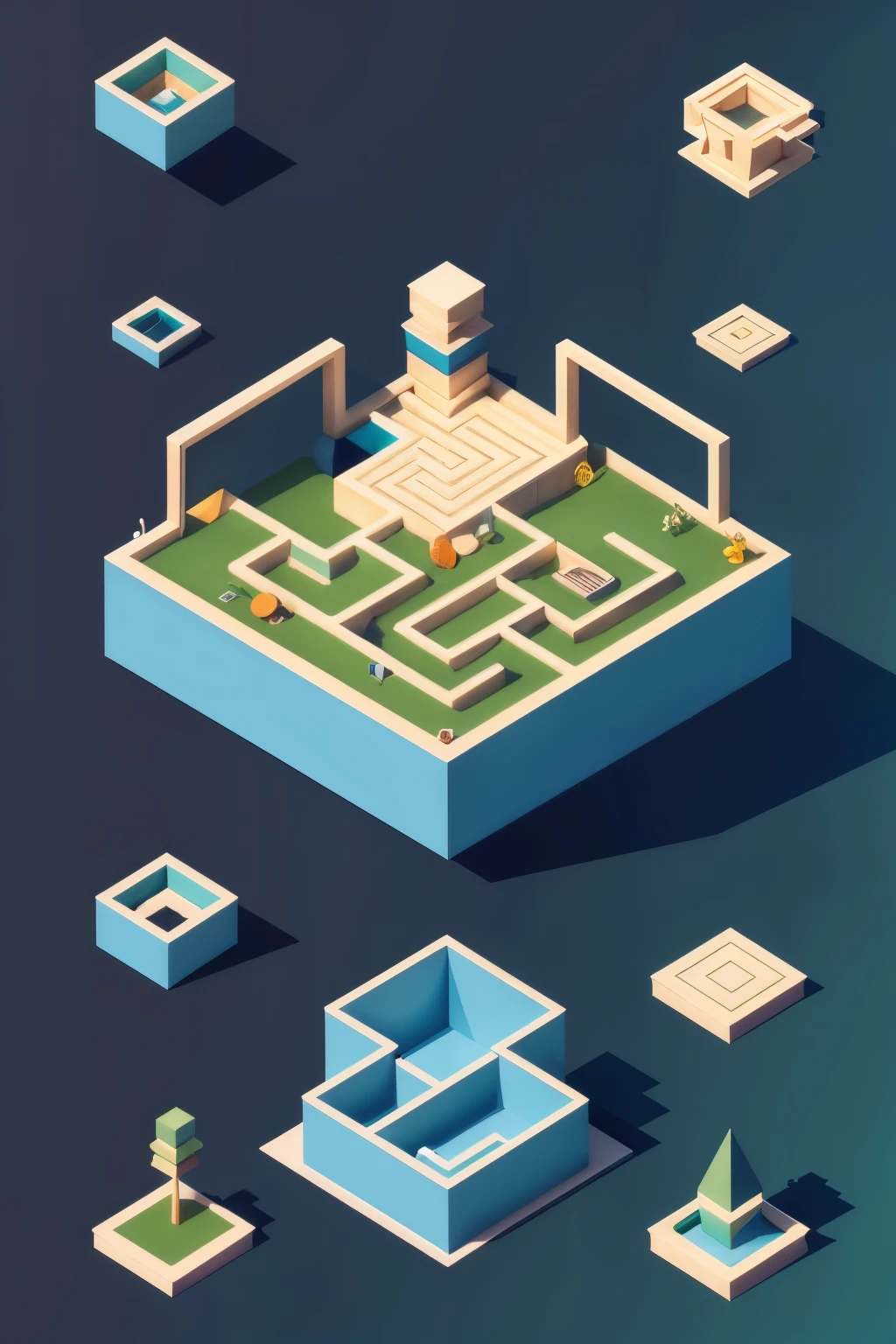 “Game sheet of maze, floating island,3d, isometric, dreamy color palette, inspired by Pixar”.
