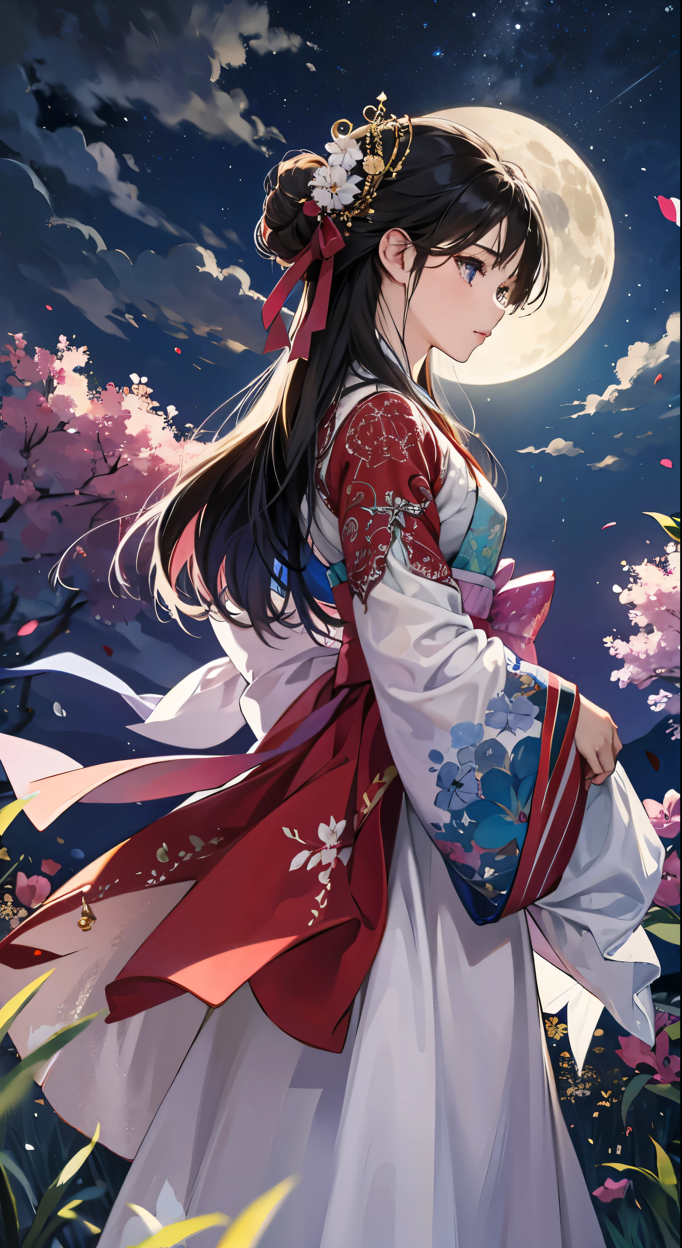 Highest quality、high_resolution、distinct_image、Detailed Background、girl、hanbok、flower、garden、moon、night、Dutch Angle、Wide Shot、Crown、