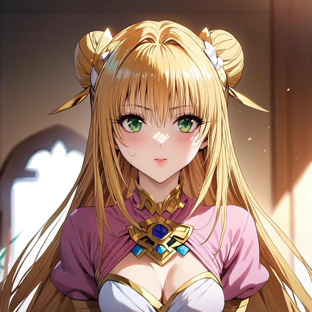 ((Highest quality)), ((masterpiece)), (detailed), （Perfect Face）、The woman is Tiare, with green eyes, blonde, medium-long hair in twin buns, and is wearing a Princess Zelda costume.