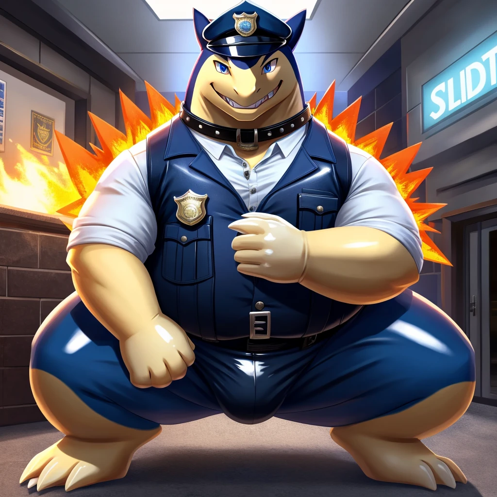 Solo, Male, fat, squatting, extremely obese, gentleman, dapper Typhlosion, blue eyes, (soft shading), 4k, hi res, ((detailed face, detailed)), looking at viewer, evil grin, police station, collared shirt with buttons, hat, male focus, Police Uniform, glasses, monocle, vest with buttons, sleeves rolled up, round eyewear, headwear, vest, Typhlosion is wearing a glossy leather dog collar around the neck, Typhlosion is wearing the leather collar and shirt and vest at the same time, Typhlosion is wearing glossy white rubber gloves on the hands, wearing white rubber gloves on the feet, gloves are rubber in texture, clenching teeth, clenching fists, leather collar is glossy and shiny with a lot of detail, Typhlosion is wearing gloves and leather collar at the same time, leather collar has a round dog-tag, leather collar is thick and detailed, white rubber gloves on the feet.