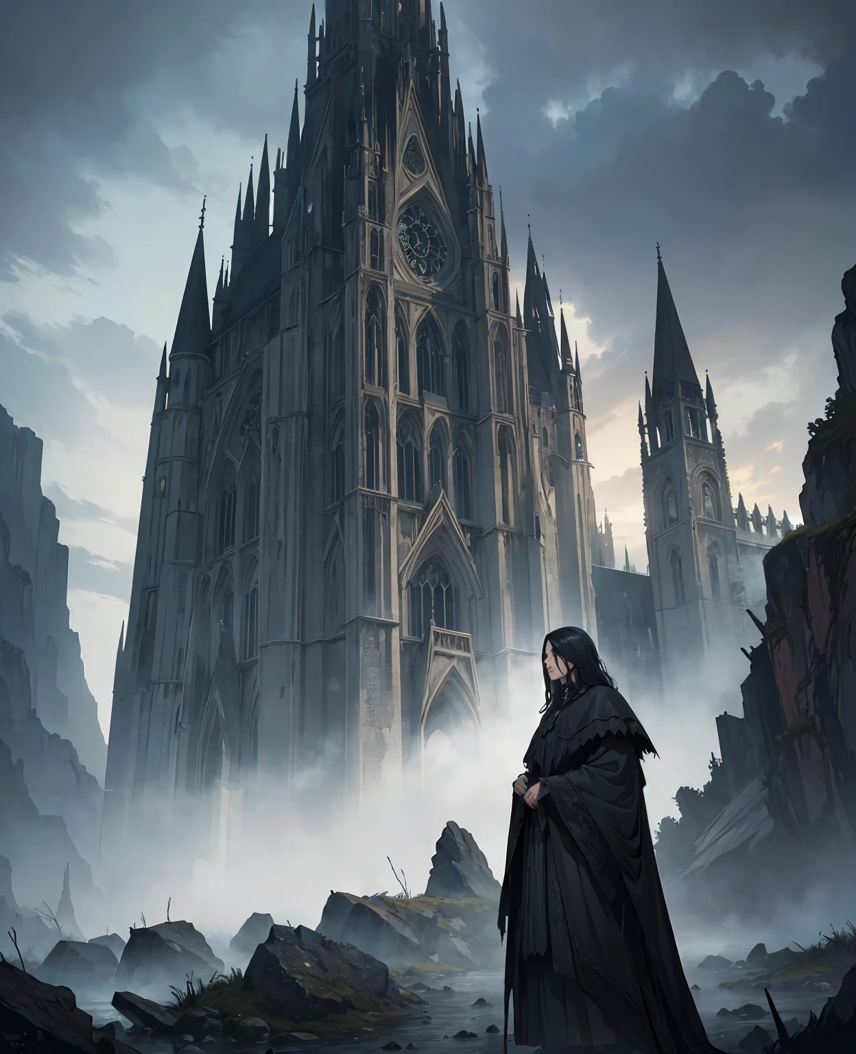 a dark crow, dark fantasy, dark surreal landscape, detailed feathers, detailed texture, detailed eyes, detailed beak, moody lighting, dramatic lighting, dramatic fog, ominous clouds, gloomy atmosphere, gothic architecture, dark castle ruins, dark forests, detailed shadows, cinematic composition, (best quality,4k,8k,highres,masterpiece:1.2),ultra-detailed,(realistic,photorealistic,photo-realistic:1.37)