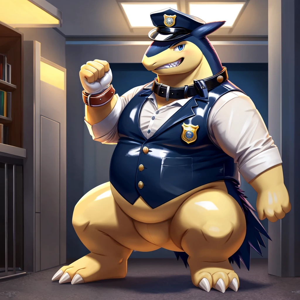 Solo, Male, fat, squatting, extremely obese, gentleman, dapper Typhlosion, blue eyes, (soft shading), 4k, hi res, ((detailed face, detailed)), looking at viewer, evil grin, police station, collared shirt with buttons, hat, male focus, Police Uniform, glasses, monocle, vest with buttons, sleeves rolled up, round eyewear, headwear, vest, Typhlosion is wearing a glossy leather dog collar around the neck, Typhlosion is wearing the leather collar and shirt and vest at the same time, Typhlosion is wearing glossy white rubber gloves on the hands, wearing white rubber gloves on the feet, gloves are rubber in texture, clenching teeth, clenching fists, leather collar is glossy and shiny with a lot of detail, Typhlosion is wearing gloves and leather collar at the same time, leather collar has a round dog-tag, leather collar is thick and detailed, white rubber gloves on the feet.