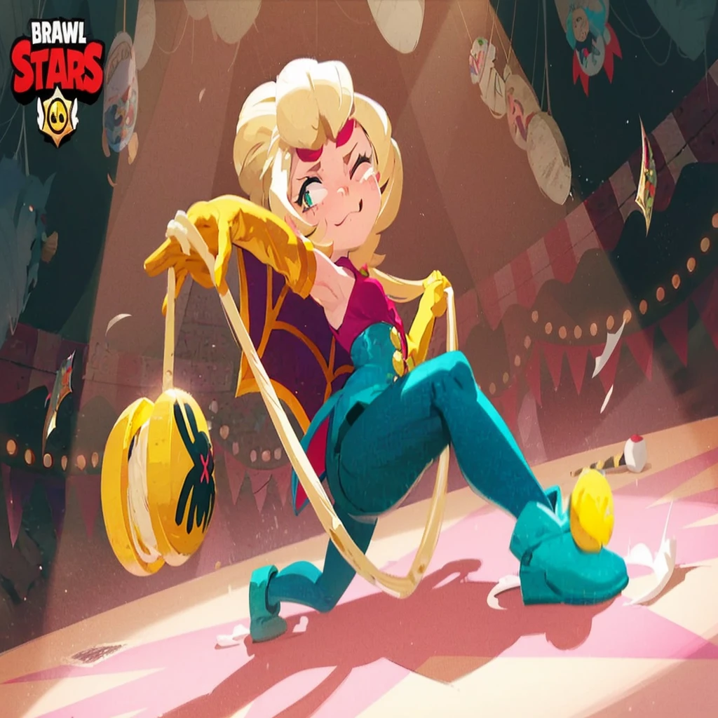 Charlie brawl stars,anime style,beige spider-shaped hair,gold and crimson red spiderweb cape,golden gloves with three red mosaics,red neckline on the chest combined with river green on the abdomen and gold buttons,rio green tight leggings,Rio green short boots with yellow pompoms,Masterpiece,Good quality,anime,female,provocative look with smile,pose sexy,bella,attractive,circus,video game character