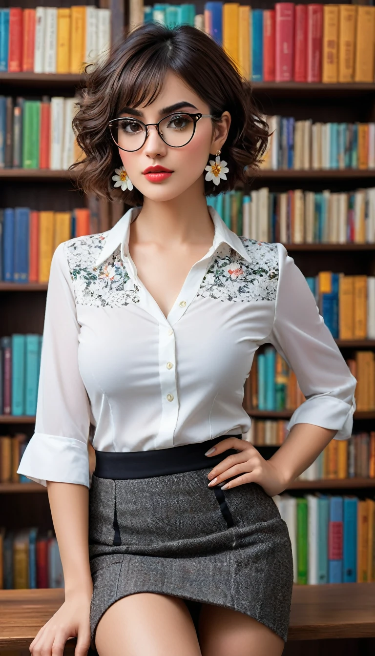 (((beautiful beautiful Isabela Merced, posing for uploadss, looking sexy, ruffled lips, Cabelo curto e curly, extremely pretty eyes))), ((wearing floral silver necklace)), realistic uploadsgraph, highy detailed, Foco do pointed, (Main lighting), (indoor bookstore environment), artwork, extremely pretty, Perfect beauty, (perfect shape body, Broad Hips, small waist, thick-thighs, firm abs, Body cute, knees, knees, focus on the knees, breasts small), cabelo curto com franja, short hair with bangs covering the forehead, cabelo curto com franja ((((short hair with bangs covering the forehead)))), ((30 years old)), (extremely detaild 8k wallpaper), ((face detailed)), (((wearing white shirt, saia curta de tweed, knees, knees, stitched nylons, Strad sandals)), (long dark eyelashes), (((earrings))), ((())), (((seen from behind))), (looking at the camera), ((())), (glamor model), (seductive facial expression) (((standing between high shelves full of books))), extremely detaild, artwork, Intricate details, highy detailed, Foco do pointed, skin detailed, realistic skin texture, texture, detailedeyes, high resolution, kodak vision color, uploads_\(ultra\), Post-processing, maximum detail, roughness, real-life, ultra realistic, uploadsrealism, uploadsgraphy, absurderes, RAW uploads, highest quallity, high detail RAW color uploads, professional uploads, extremely detaild UHD 8k wallpaper unit, best quality, high resolution, (artwork, maximum quality, high resolution:1.4), uploads, cinematic, Film grain, pointed, soft natural light, magic uploadsgraphy, super verbose, ((whole body: legs 1.3)), librarian glasses, nerd glasses, ((pleated miniskirt: miniskirt 1.3))