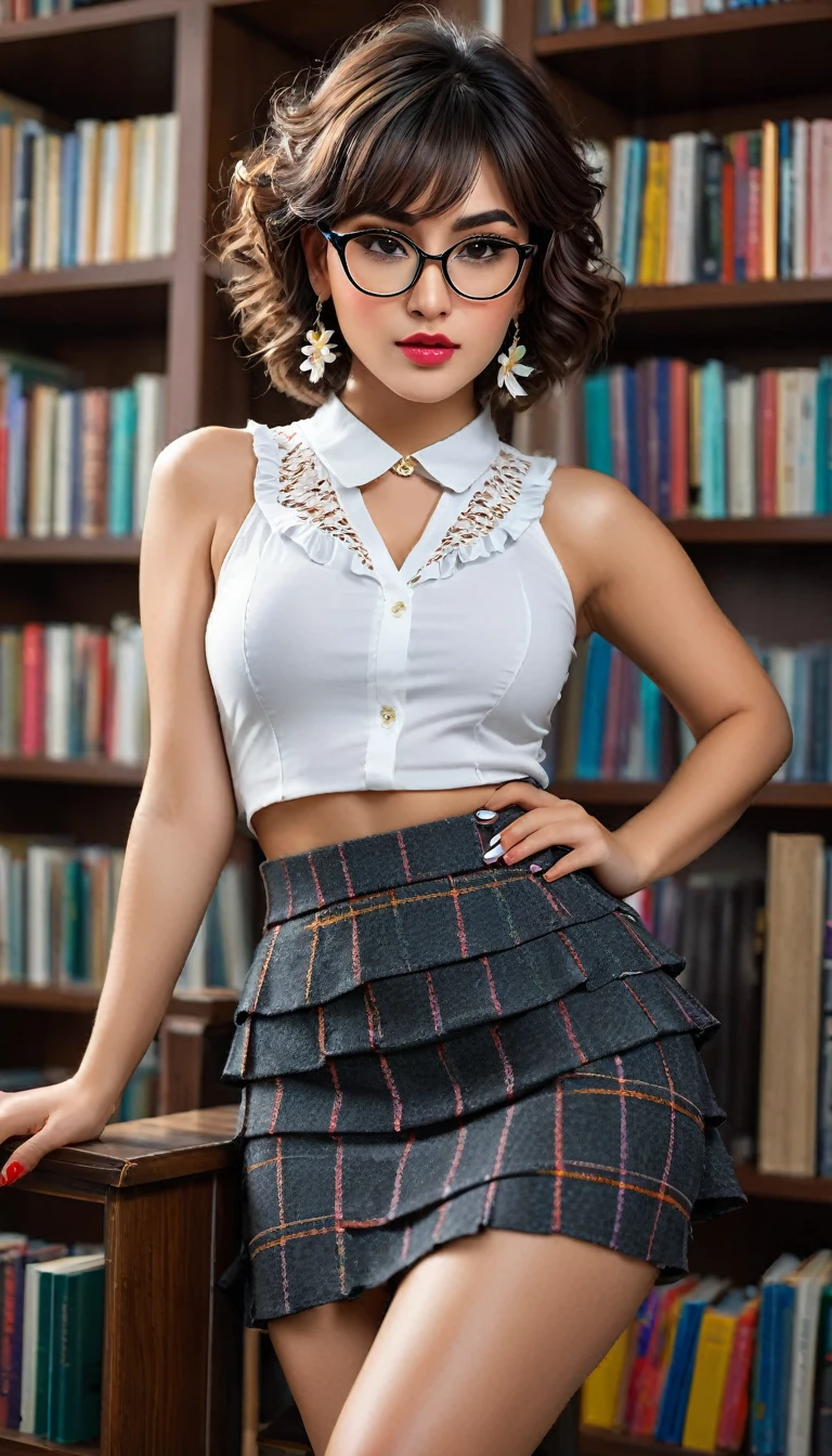 (((beautiful beautiful Isabela Merced, posing for uploadss, looking sexy, ruffled lips, Cabelo curto e curly, extremely pretty eyes))), ((wearing floral silver necklace)), realistic uploadsgraph, highy detailed, Foco do pointed, (Main lighting), (indoor bookstore environment), artwork, extremely pretty, Perfect beauty, (perfect shape body, Broad Hips, small waist, thick-thighs, firm abs, Body cute, knees, knees, focus on the knees, breasts small), cabelo curto com franja, short hair with bangs covering the forehead, cabelo curto com franja ((((short hair with bangs covering the forehead)))), ((30 years old)), (extremely detaild 8k wallpaper), ((face detailed)), (((wearing  white shirt, saia curta de tweed, knees, knees, stitched nylons, Strad sandals)), (long dark eyelashes), (((earrings))), ((())), (((seen from behind))), (looking at the camera), ((())), (glamor model), (seductive facial expression) (((standing between high shelves full of books))), extremely detaild, artwork, Intricate details, highy detailed, Foco do pointed, skin detailed, realistic skin texture, texture, detailedeyes, high resolution, kodak vision color, uploads_\(ultra\), Post-processing, maximum detail, roughness, real-life, ultra realistic, uploadsrealism, uploadsgraphy, absurderes, RAW uploads, highest quallity, high detail RAW color uploads, professional uploads, extremely detaild UHD 8k wallpaper unit, best quality, high resolution, (artwork, maximum quality, high resolution:1.4), uploads, cinematic, Film grain, pointed, soft natural light, magic uploadsgraphy, super verbose, ((whole body: legs 1.3)), librarian glasses, nerd glasses,  ((pleated miniskirt: miniskirt 1.3))