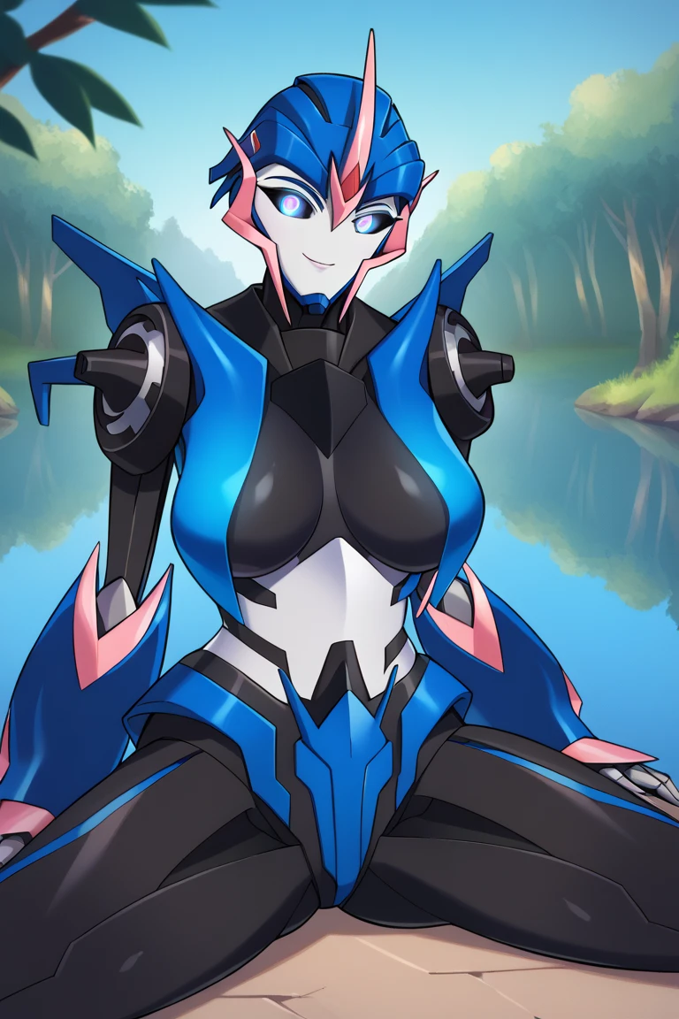 score_9, score_8_up, score_7_up, BREAK, 1girl, solo, arceetp, mecha, robot, forest lake background, autobot, blue glowing eyes, Upper body, sitting on floor, spread legs, nigth, black legs, thick legs,  sexy body, big breasts, smile, front view, look at the viwer, bent over, sexy pose, no smile, black chest, big breasts