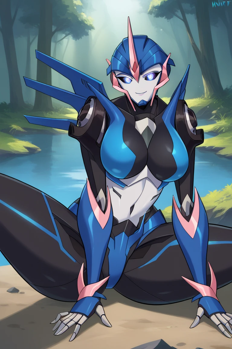 score_9, score_8_up, score_7_up, BREAK, 1girl, solo, arceetp, mecha, robot, forest lake background, autobot, blue glowing eyes, Upper body, sitting on floor, spread legs, nigth, black legs, thick legs,  sexy body, big breasts, smile, front view, look at the viwer, bent over, sexy pose, no smile, black chest, big breasts