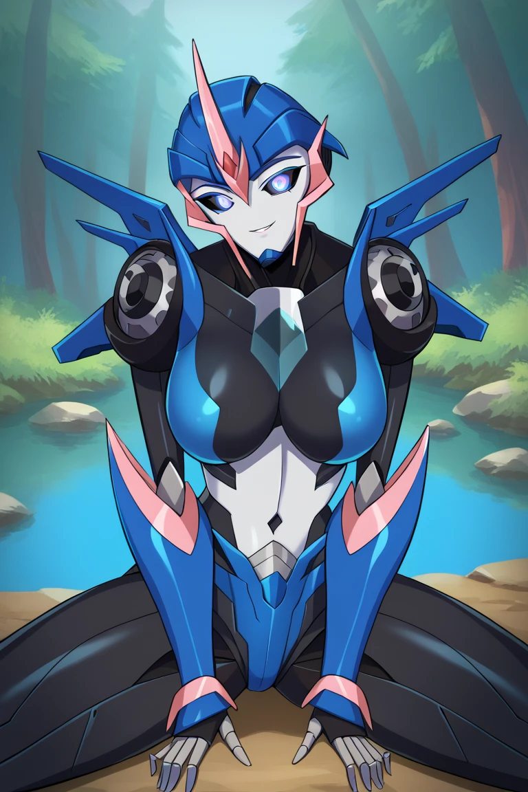 score_9, score_8_up, score_7_up, BREAK, 1girl, solo, arceetp, mecha, robot, forest lake background, autobot, blue glowing eyes, Upper body, sitting on floor, spread legs, nigth, black legs, thick legs, sexy body, big breasts, smile, front view, look at the viwer, bent over, sexy pose, no smile, black chest, big breasts