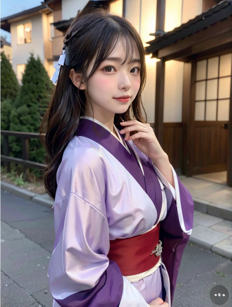 (8K, RAW highest quality, tmasterpiece:1.2),(realisticlying, photos realistic:1.4),tmasterpiece,FULL BODYSHOT,体FULL BODYSHOT,The season is winter,Under the clear winter sky、A woman in her 20s wearing a beautiful kimono、Walk along the gravel path。
A woman has an、In a luxurious purple kimono、He was wearing a red obi.。
Women's hair is、long and black、tied together at the back。
A woman has an、He was wearing white gloves on his hands.。
A woman has an、I was walking on the approach