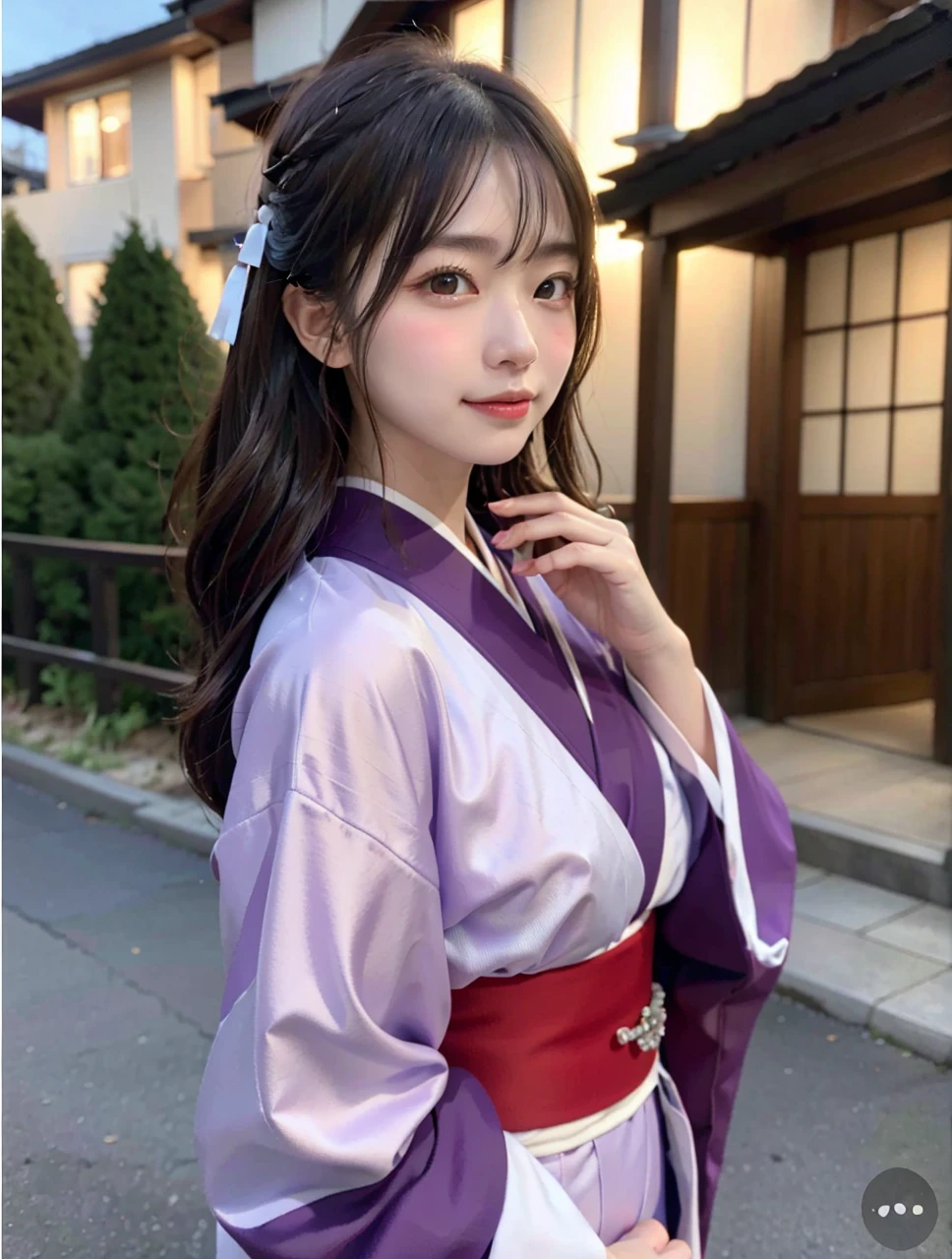 (8K, RAW highest quality, tmasterpiece:1.2),(realisticlying, photos realistic:1.4),tmasterpiece,FULL BODYSHOT,体FULL BODYSHOT,The season is winter,Under the clear winter sky、A woman in her 20s wearing a beautiful kimono、Walk along the gravel path。
A woman has an、In a luxurious purple kimono、He was wearing a red obi.。
Women's hair is、long and black、tied together at the back。
A woman has an、He was wearing white gloves on his hands.。
A woman has an、I was walking on the approach