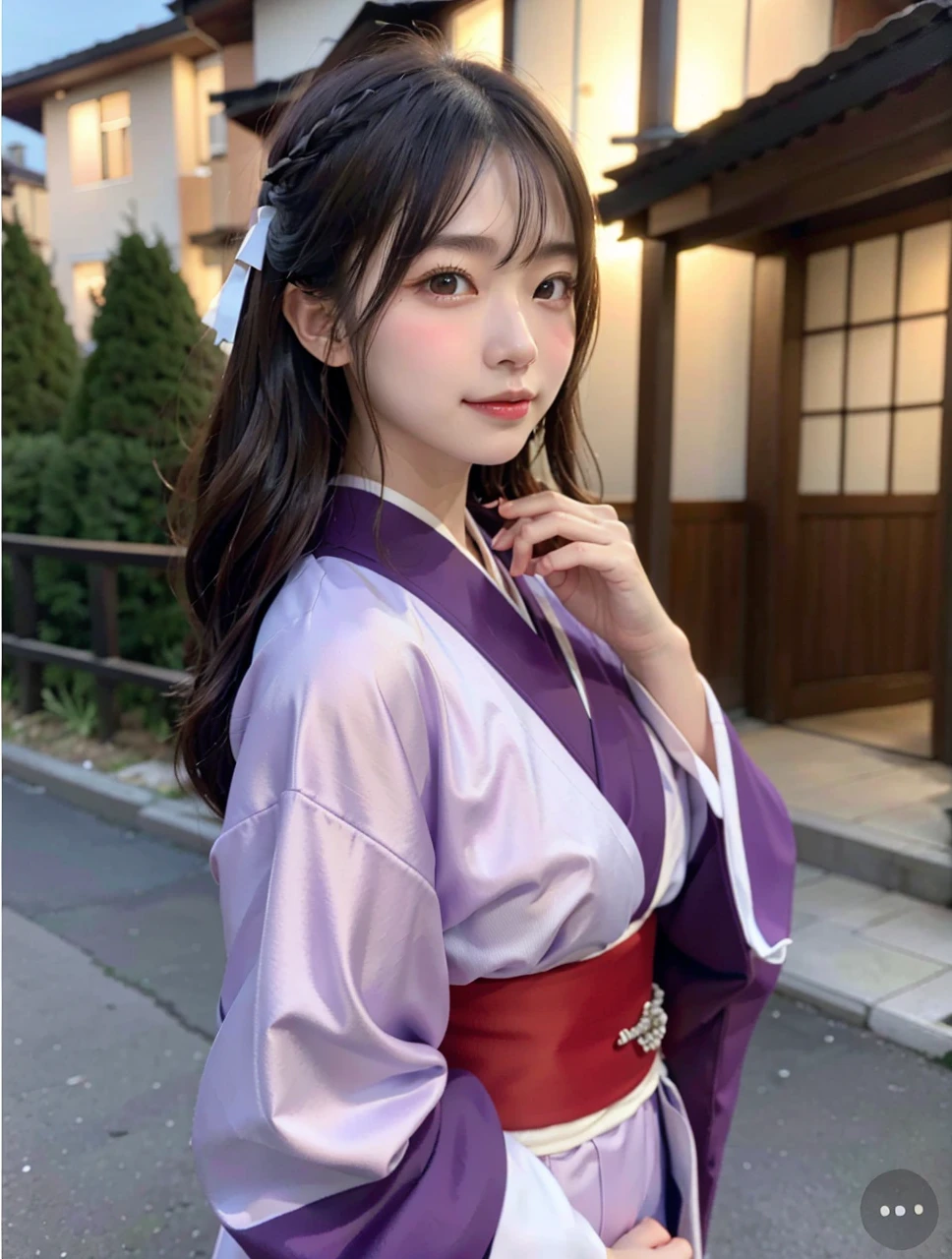 
（8K， RAW highest quality， tmasterpiece：1.2），（realisticlying， photos realistic：1.4)，tmasterpiece，FULL BODYSHOT,体FULL BODYSHOT,The season is winter,Under the clear winter sky、A woman in her 20s wearing a beautiful kimono、Walk along the gravel path。
A woman has an、In a luxurious purple kimono、He was wearing a red obi.。
Women's hair is、long and black、tied together at the back。
A woman has an、He was wearing white gloves on his hands.。
A woman has an、I was walking on the approach