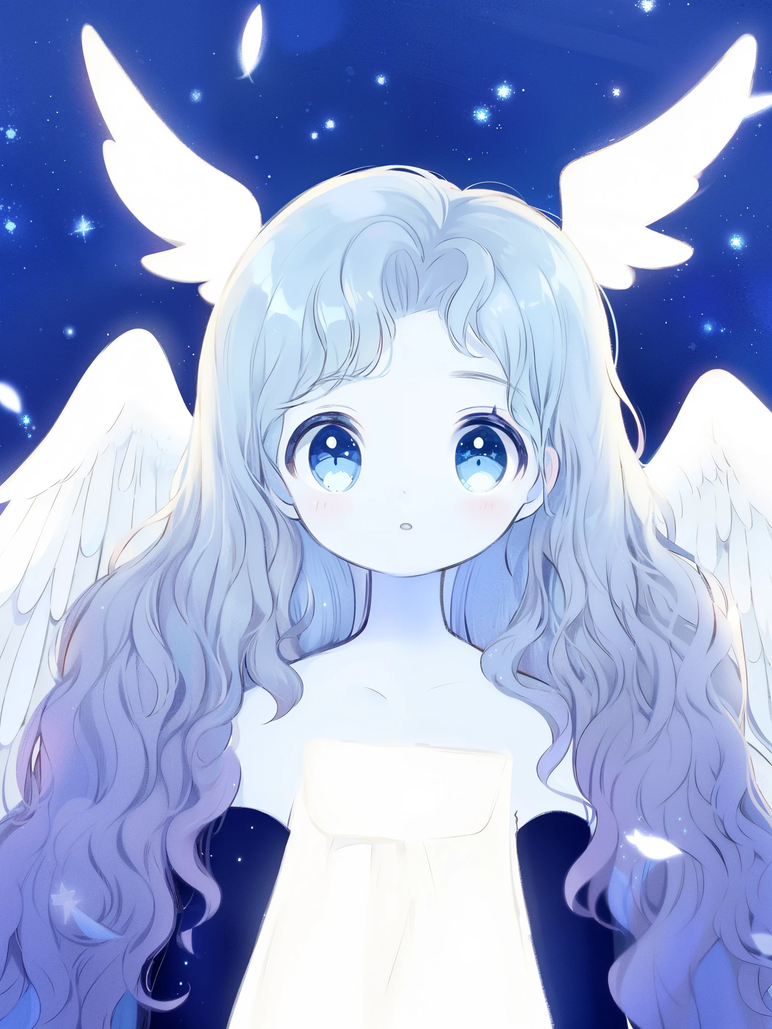 cute nude angel girl wearing an ethereal translucent dress, pale skin, ((wavy blue hair)), white feathers, angel wings, sparkling detailed eyes, golden ratio face, perfect composition, highly detailed, ethereal, (starry night sky background), midjourney style
