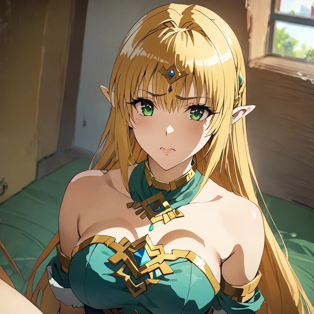 ((Highest quality)), ((masterpiece)), (detailed), （Perfect Face）、The woman is Tearju, with green eyes, medium-long blonde hair, and is wearing a Princess Zelda costume.