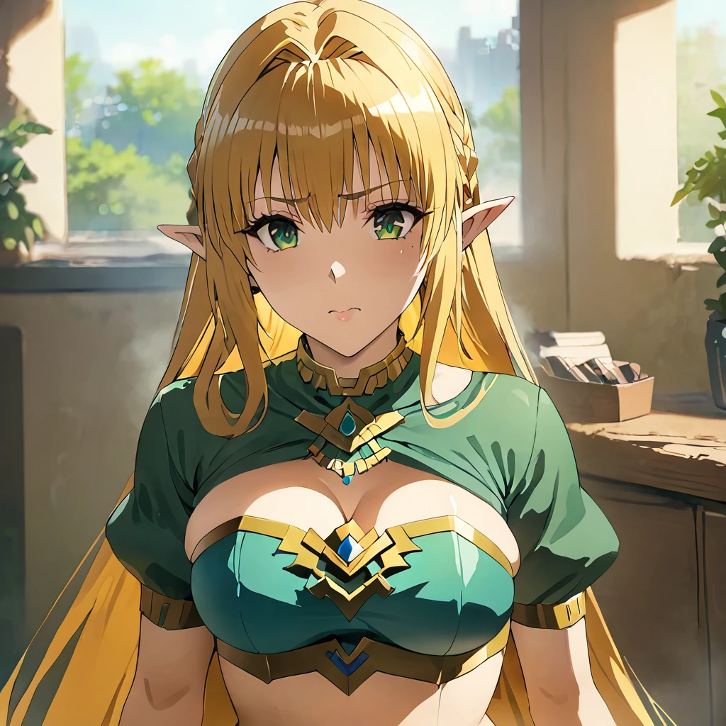 ((Highest quality)), ((masterpiece)), (detailed), （Perfect Face）、The woman is Tearju, with green eyes, medium-long blonde hair, and is wearing a Princess Zelda costume.