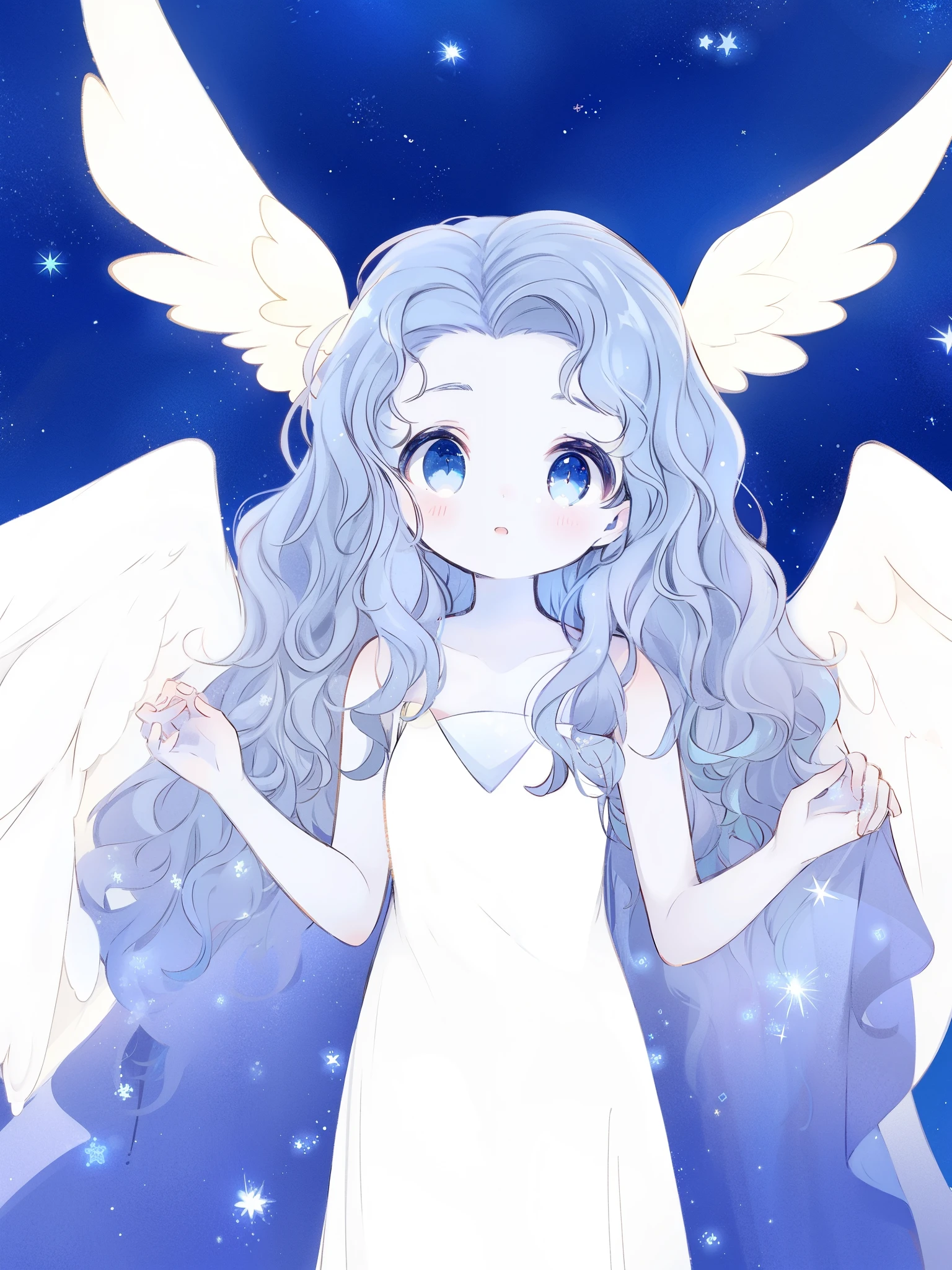 cute nude angel girl wearing an ethereal translucent dress, pale skin, ((wavy blue hair)), white feathers, angel wings, sparkling detailed eyes, golden ratio face, perfect composition, highly detailed, ethereal, (starry night sky background), midjourney style