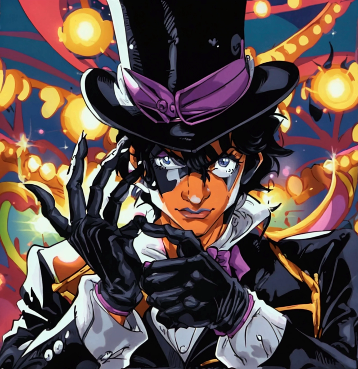 I need a circus magician from the 90s (naughty man) wearing gloves with the hands in the center of the body as if showing something by putting the hands together, with the top hat covering your face. ((80s black and white animation))