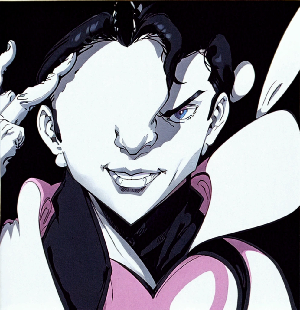 I need a circus magician from the 90s (naughty man) wearing gloves with the hands in the center of the body as if showing something by putting the hands together, with the top hat covering your face. ((80s black and white animation))