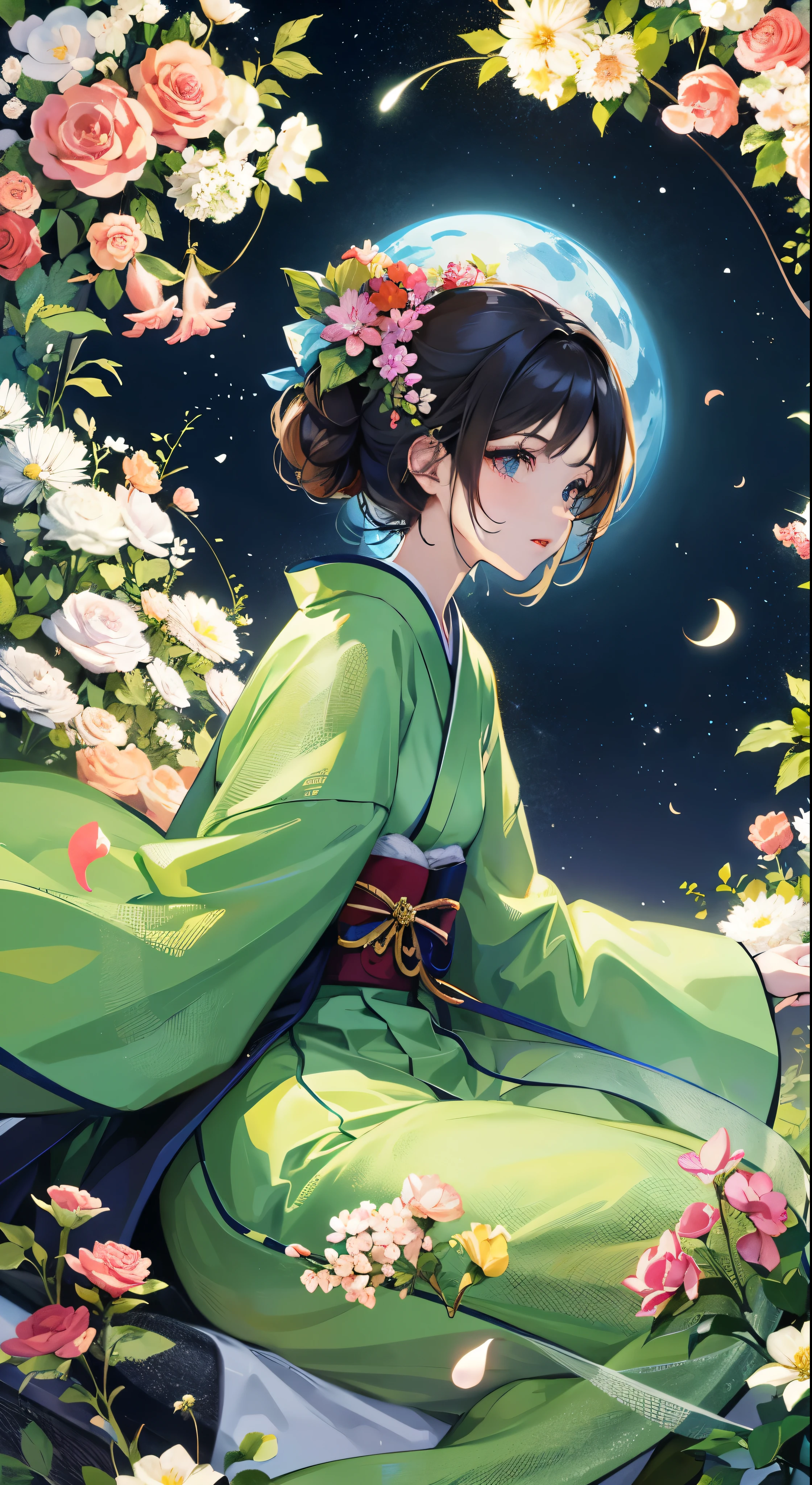 Highest quality、high_resolution、distinct_image、Detailed Background、girl、kimono、flower、garden、moon、night、Dutch Angle、Wide Shot、Crown、