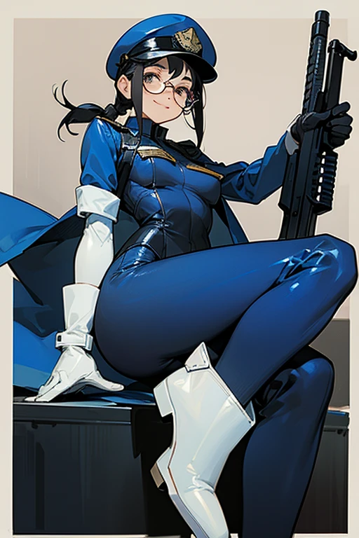 A freckled girl with glasses and black hair tied up in a blue enamel catsuit wearing a police cap, wearing white gloves and white boots, smiling while holding a submachine gun