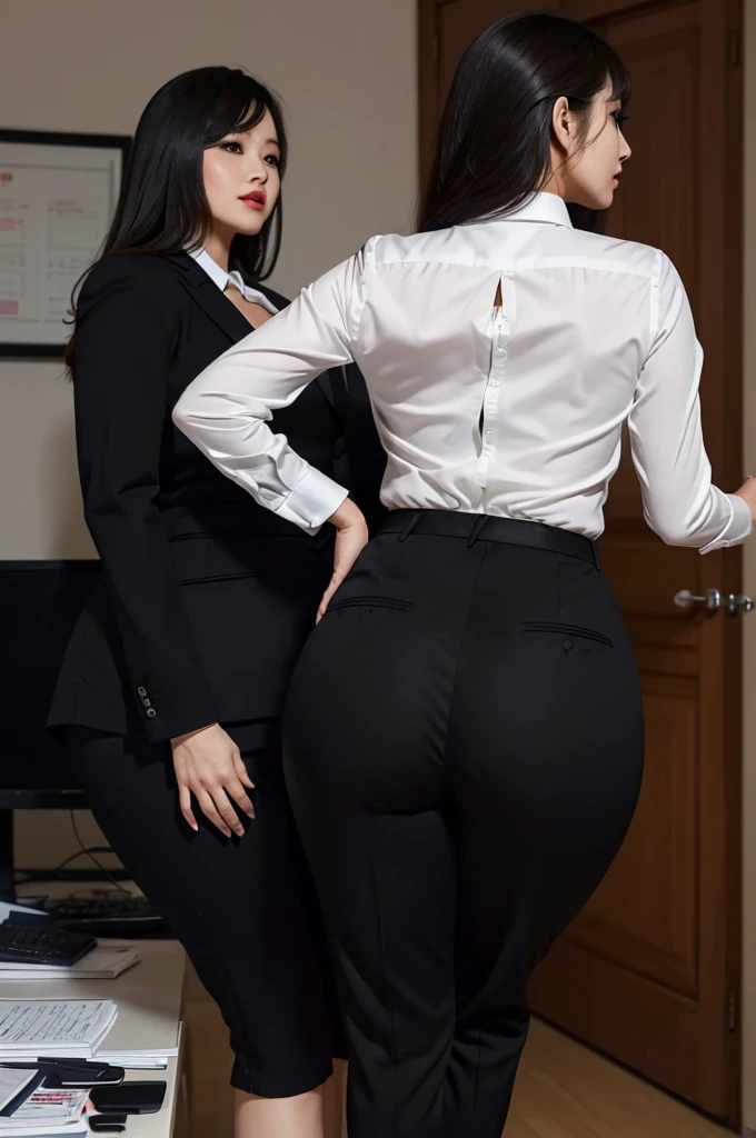 A curvaceous, cute and skinny super large biggest thick ass realist secretary , dressed in a tight-fitting skirt that hugs her voluptuous large and thick hips and round huge thick ass behind. perky breasts, which are just barely contained within the constraints of her buttoned-up attire. pantyhose, big and thick and ass, large and wide thick hips