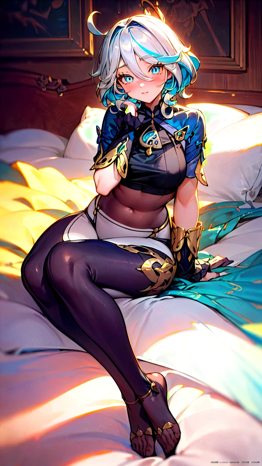 8k portrait of beautiful Furina from Genshin, very huge , sexy body, crop-top, thicc tights, anime style, full body view, laying on the bed, sext pose, blushing, elegant, highly detailed, majestic, digital photography, art by artgerm and ruan jia and greg rutkowski surreal painting gold butterfly filigree, (masterpiece, sidelighting, finely detailed beautiful eyes: 1.2), hdr,