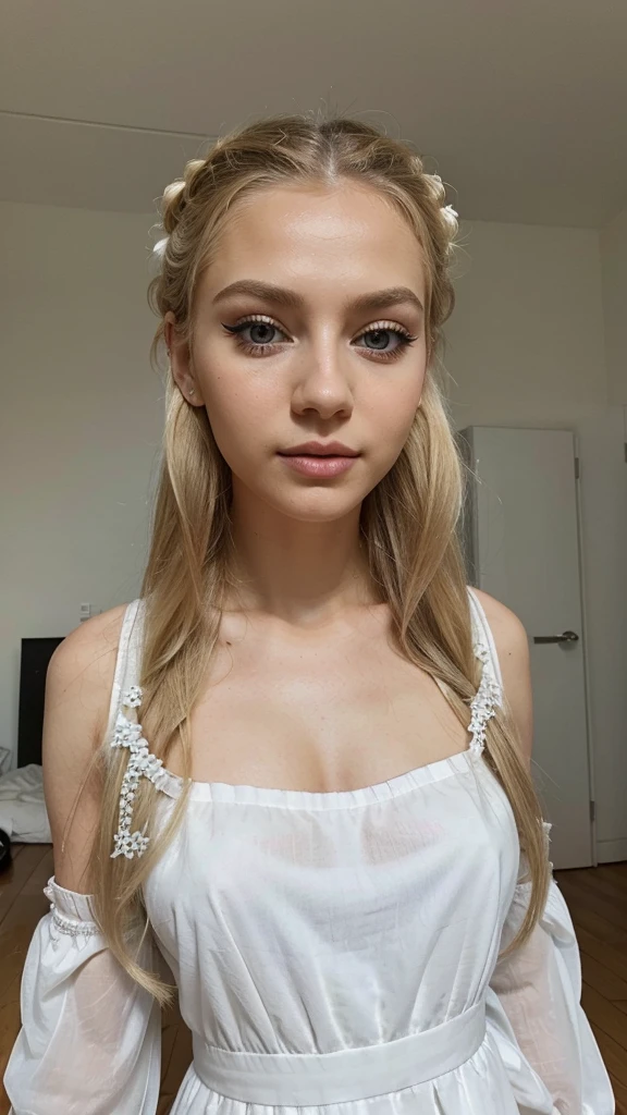 Photo of a Slavic blonde girl with makeup on her face , long eyelashes and neatly styled hair Dressed in a beautiful, airy white dress Full-length photo
Воздушное ,парящие платье