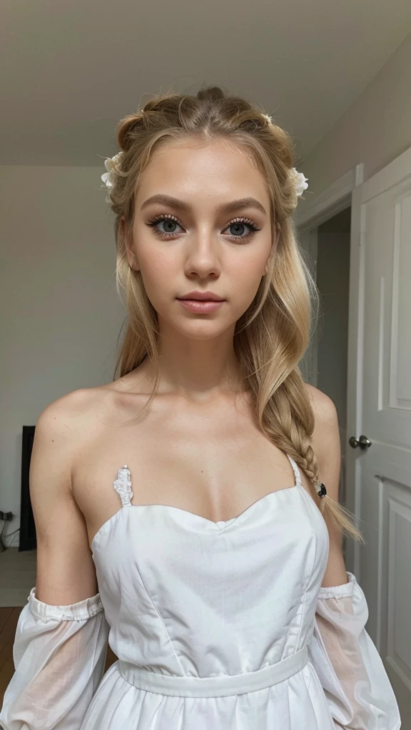 Photo of a Slavic blonde girl with makeup on her face , long eyelashes and neatly styled hair Dressed in a beautiful, airy white dress Full-length photo
Воздушное ,парящие платье