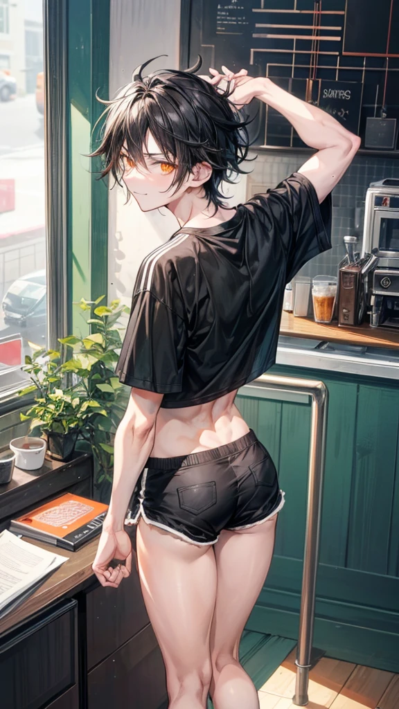 College boy, handsome boy, short black messy boy hair, orange eyes, black binder top, black mirco shorts, light smile, black shorts, muscular, ass, bent over, large ass, looking back, looking at viewer, embarrassed, coffee shop, male character (1.0), flat chested, guy, boy, male character, no girls