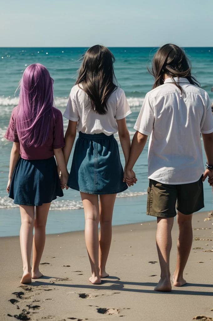 girl with short hair, next to a girl with long hair and a boy with faded hair next to the sea, all three holding hands