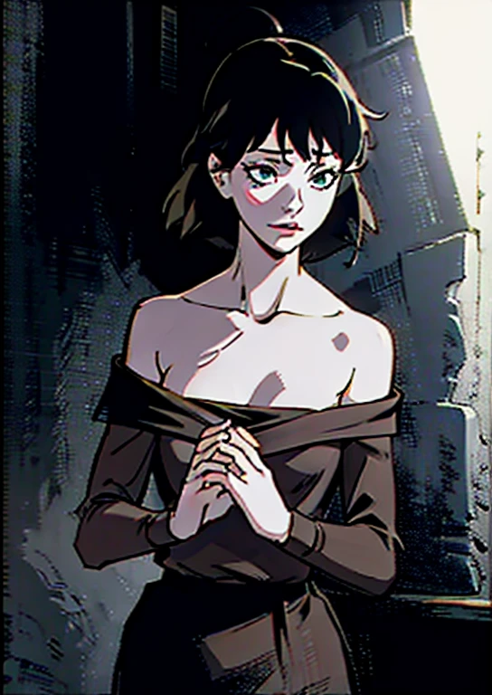 (Best Quality, masutepiece:1.2, 超A high resolution, Realistic:1.5), Raw photo, 1girl in, Off-shoulder, In the Dark, Deep Shadows, low key lighting, Cool color tones, a captivating gaze, Short hair, foggy atmosphere, mystic atmosphere, subtle highlights, dramatic contrasts, Elegant Pose, intense emotion, ethereal beauty, Enchanting darkness, enticing expression