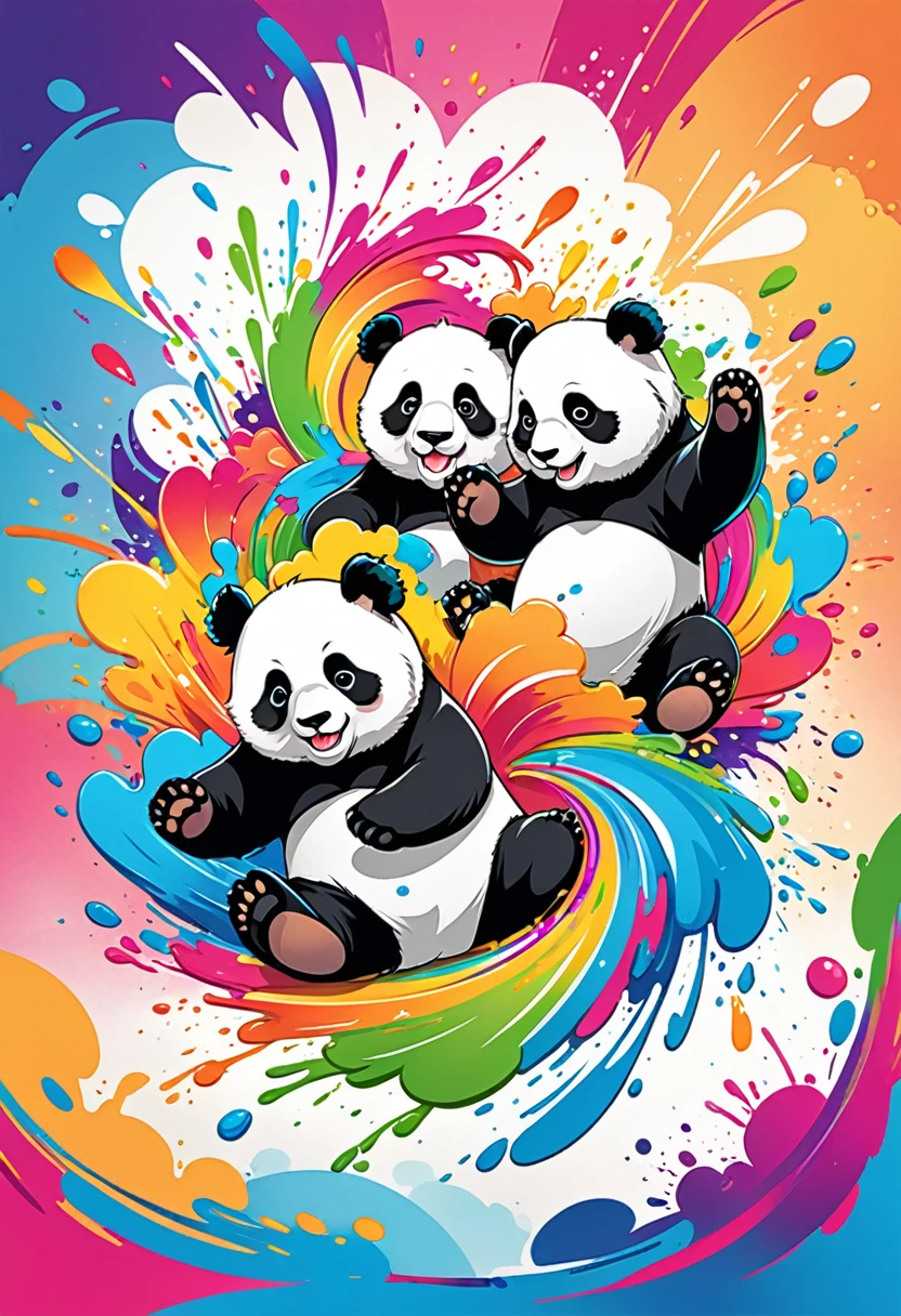 vectorial art, Colorful illustration with many cute pandas, At the center, swirly vibrant colors, paint splashes and smears, high détail,Hawaiian style background
