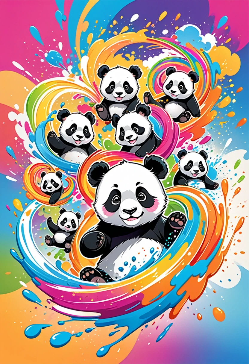 vectorial art, Colorful illustration with many cute pandas, At the center, swirly vibrant colors, paint splashes and smears, high détail,Hawaiian style background