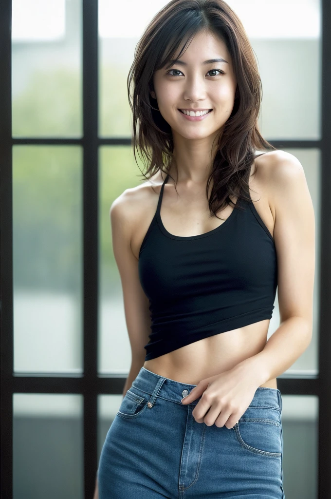 (((One girl,alone))),(Highly realistic photos, High resolution, Detailed face, Beautiful Eyes) Japanese women, 21 years old, Cute face, alone:1, Nice body, Medium chest, ,Hairstyle, Take a photo book,Dark Sky、Tank top、hot pants、Healthy Body,smile,Thighine Fujiko