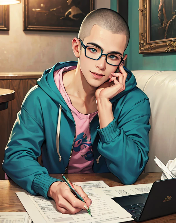 Close up portrait of a person sitting at a laptop table, The background is a stylish space like a cafe., and, There are no people at all., Pink Lips, Friendly atmosphere, Smile a little, Realistic art style, (Light green hoodie: 1.1), (Green glasses: 1.1),(buzz cut: 1.1),Looks intelligent, eyes are slightly lowered (Slightly droopy eyes), blue eyes, Photorealistic art style, Realistic art style, Realism art style, Background artwork, Realistic Style, 4K Detailed Digital Art, Detailed digital anime art, Realistic Anime 3D Style, Ultra-high image quality in cartoon style.