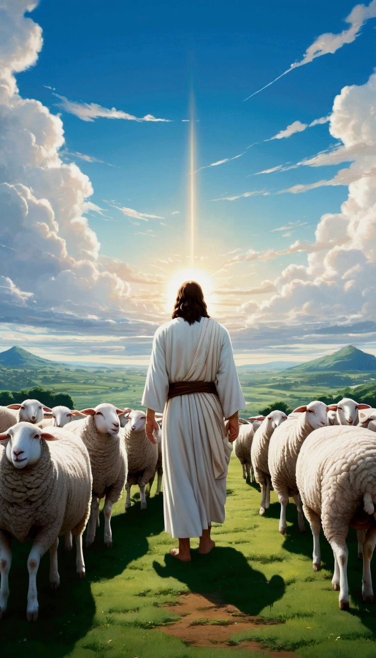 full length photo of Jesus Christ tending his sheep, majestic welcoming, predominant white color,, Background sky, Not the Studio Ghibli style, Makoto Shinkai style."