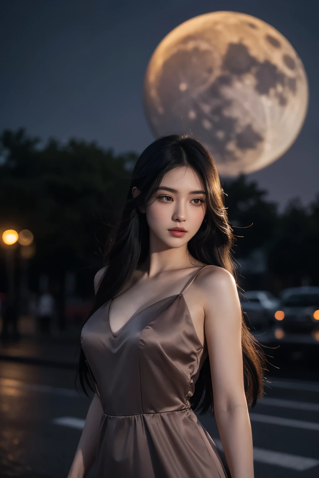 a beautiful girl with long flowing black hair, wearing a elegant evening dress, standing on a moonlit city street, (best quality,4k,8k,highres,masterpiece:1.2),ultra-detailed,(realistic,photorealistic,photo-realistic:1.37),beautiful detailed eyes,beautiful detailed lips,extremely detailed face,longeyelashes,moonlit night,cityscape,street scene,glowing moon,dramatic lighting,cinematic,intricate details,muted colors,warm tones