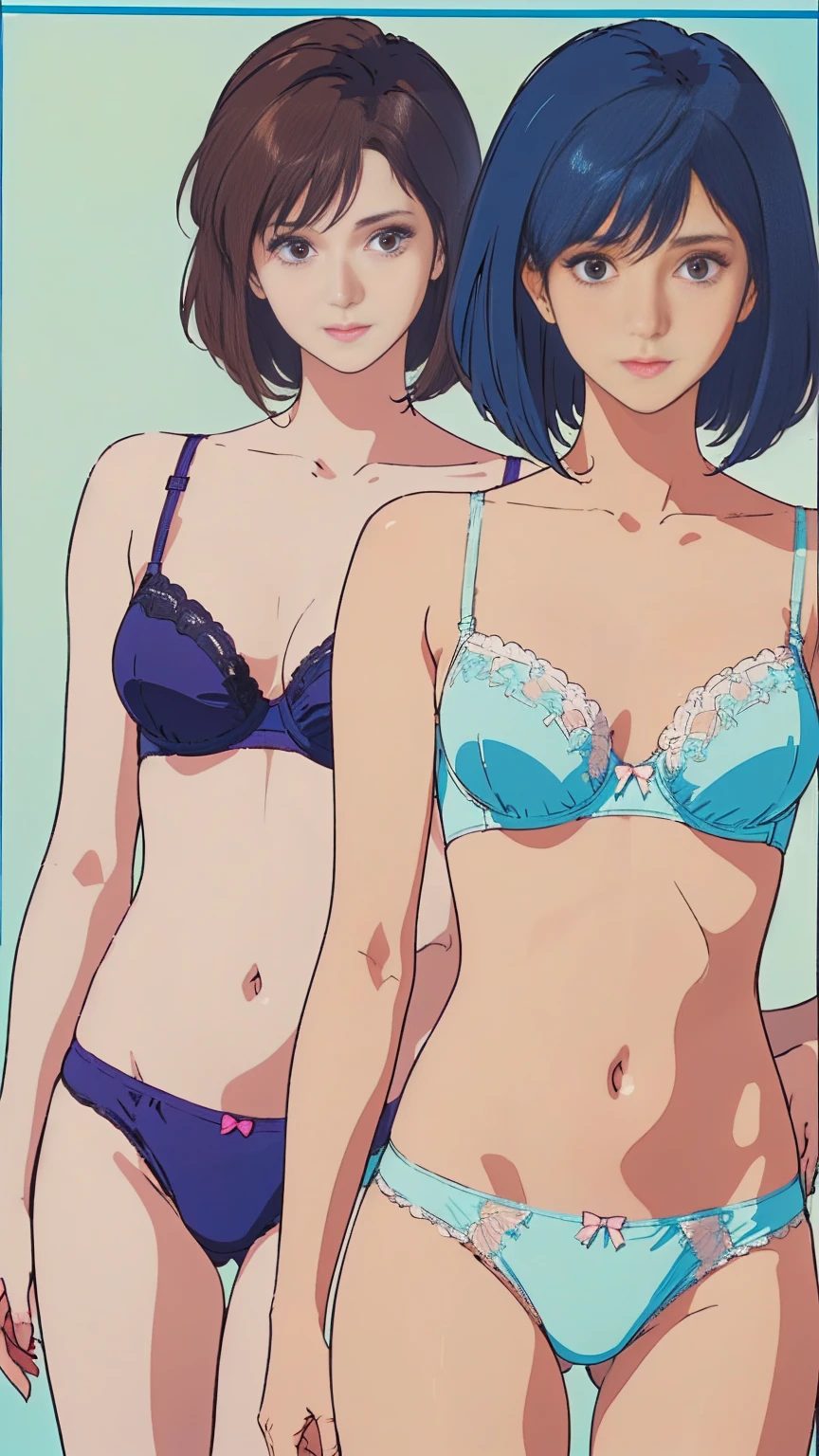 ((masterpiece)), (((Highest quality))), ((Reference Sheet, Character Design)), Highest quality, masterpiece, Ultra-high resolution, Original photo, Ultra-high resolution, Three beautiful women, Blue hair, bob cut, Big smile, clear nose, Wearing a white and pink lace bra, Wearing white and pink lace panties, (elaborately designed luxury panties for adults, panties high definition images, draw panties with super precision), (((threads of the seams for panties crotch is visible))), stitch of panties is visible