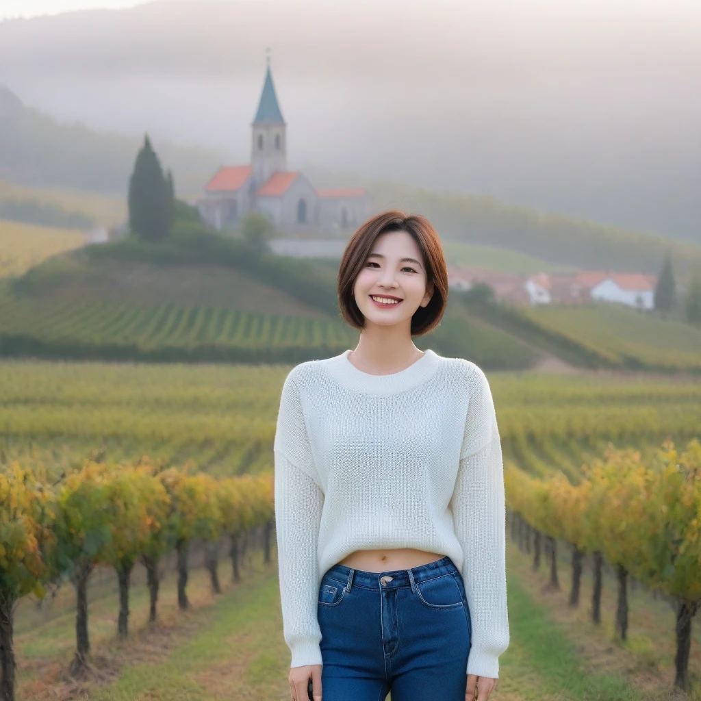 8k best picture quality, Beautiful 36-year-old Korean woman, Chest size 34 inches, A cathedral can be seen through the fog past vineyards in the Croatian countryside., The back background is realistic and vivid image quality, short and medium hair, Wearing a high-end luxury brand casual jumper and pants., Smile slightly. the background is clear