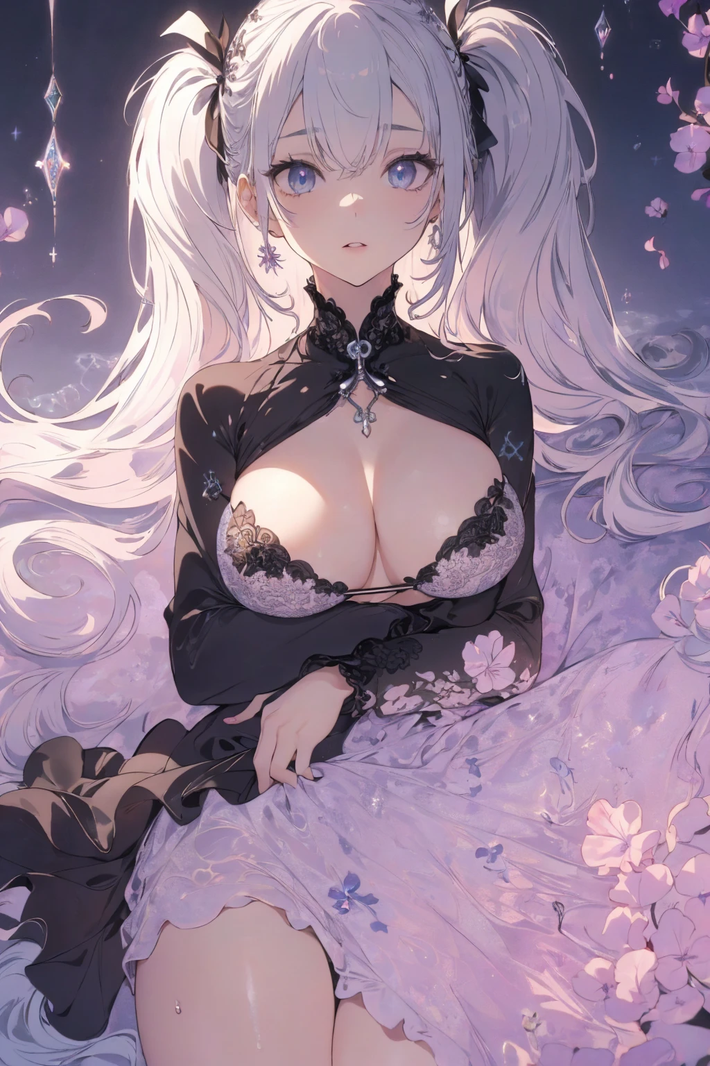 (micro bikini photo:1.1, big chest, saggy breast,  gray white background:1.5, upper body focus), Masterpiece, best quality, (very detailed CG unity 8k wallpaper), (best quality), High definition RAW color art, Animation,sculptures, (black Marble Skin), (((Ultra detailed elegant))), Magical atmosphere, Detailed skin, Texture,(Intricately detailed, Fine detail, ultra-detail art), depth of fields, bokeh, Silky Touch, Hyper Detail, beautiful eyes, Elegant Face, (lying on pastel pink waterfront, morning glory), sparkle background, enormous breast:1.3, (silver hair, twintail), pastel purple, embarrassing face, wide open udder, twin tail
