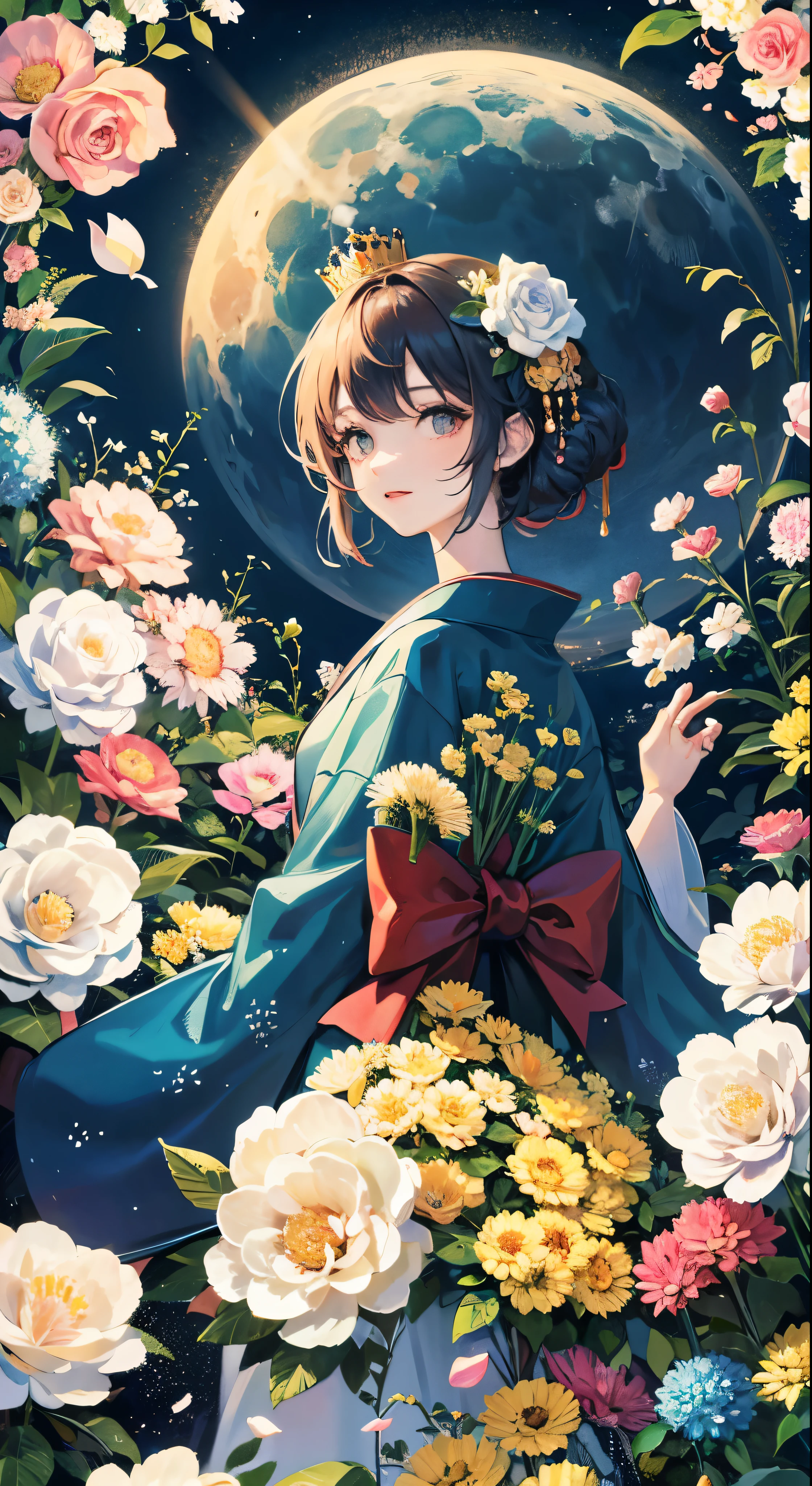 Highest quality、high_resolution、distinct_image、Detailed Background、girl、kimono、flower、garden、moon、night、Dutch Angle、Wide Shot、Crown、
