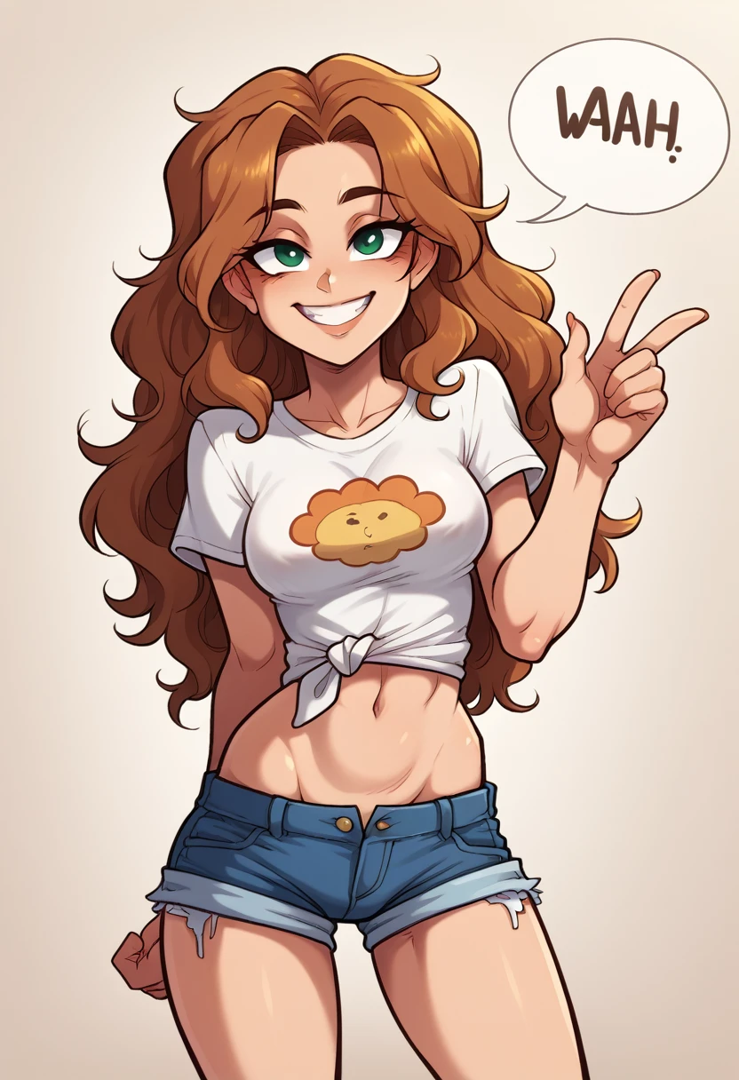 Draw a character in animated art style, with a vibrant and expressive appearance. The character must have exaggerated characteristics, like big, expressive eyes, a wide, fun smile, and a relaxed and playful posture. The background should be simple and not distract from the main figure. The color palette should be bright and attractive, with details that add a touch of charm and personality to the character. The character must wear casual and modern clothing, like denim shorts and a t-shirt tied around the waist, and must have long, wavy hair, brightly colored."