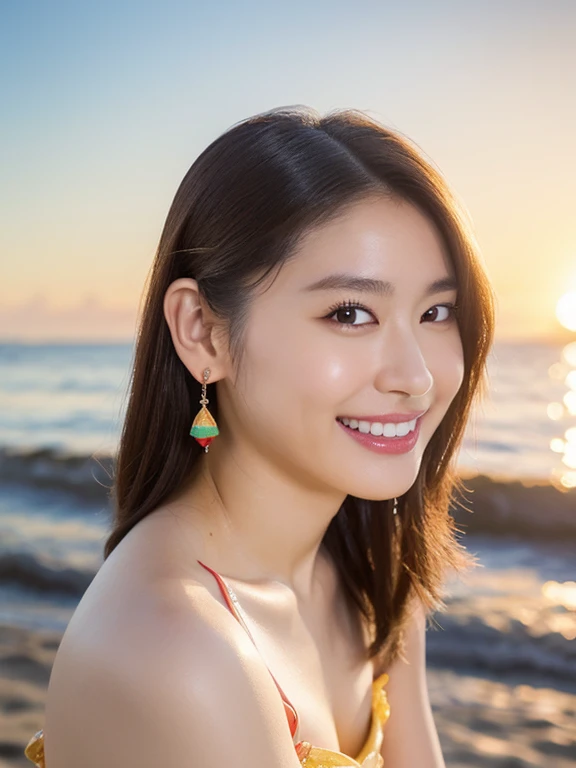 (((女性は1 personだけ))), (Highest quality, 8K, ​masterpiece :1.3), pretty woman sitting at the Beach Bar sharp focus, Fascinating, Friendly, Upper body, Upper body portrait,
16 years old, 1 person, (Half Japanese、Half Russian）, Beautiful actress face, 
Smooth body :1.3, Exemplary body type:1.5, Perfect Style：1.4, smile, casual, sitting on a tropical Beach Bar at sunset, Side view
, Lovely colorful feather earrings, Award-winning photo, Trending on Art Station, 16K resolution, Intricate details, masterpiece, Beach Bar
