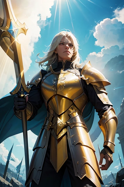 /imagine prompt: A valiant paladin warrior emanating bright yellow rays of light, wielding a large sword and holding a shield. The paladin stands heroically, clad in shining armor, with the background hinting at an epic battlefield. The light creates a divine aura around him, emphasizing his strength and righteousness. High detail, epic fantasy art style.