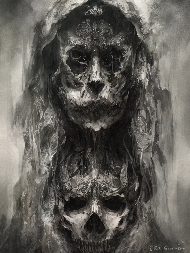 Portrait of the Grim Reaper, darkness, high chaos, dark academia atmosphere, intricate work by Johan Grenier style, Alyssa s style